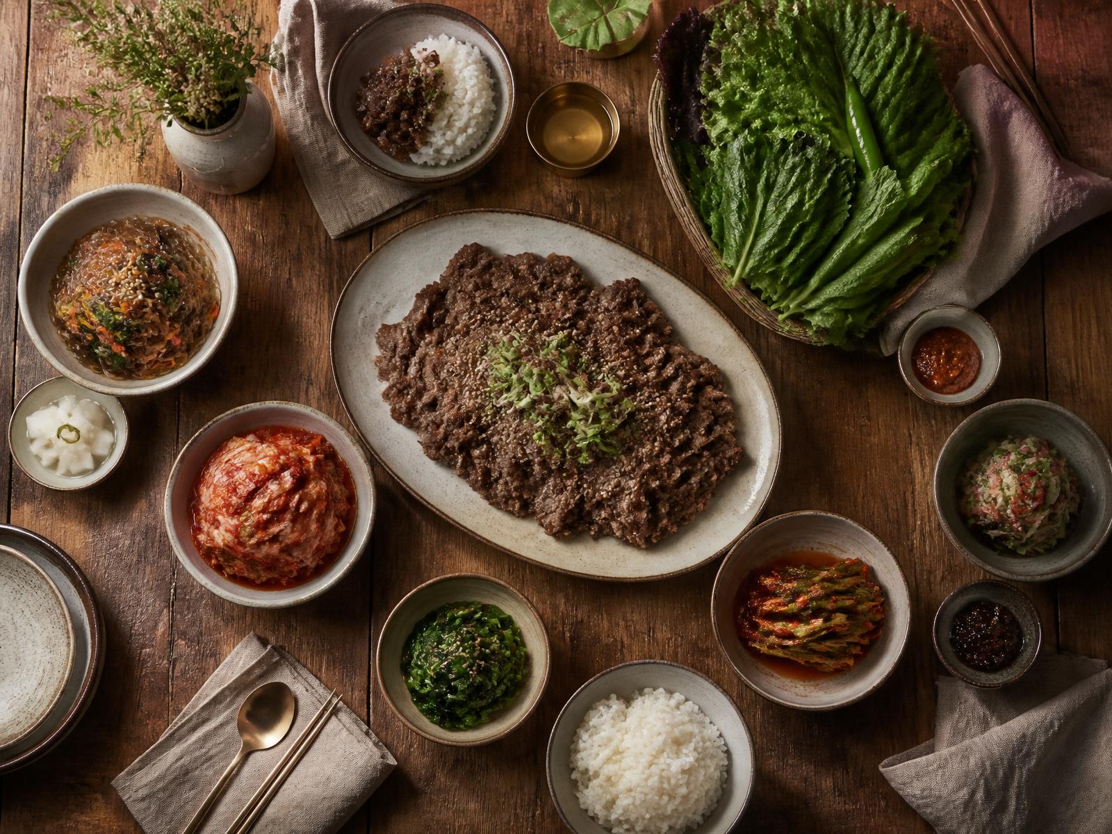 Overhead Korean catering spread of bulgogi, banchan and ssam
