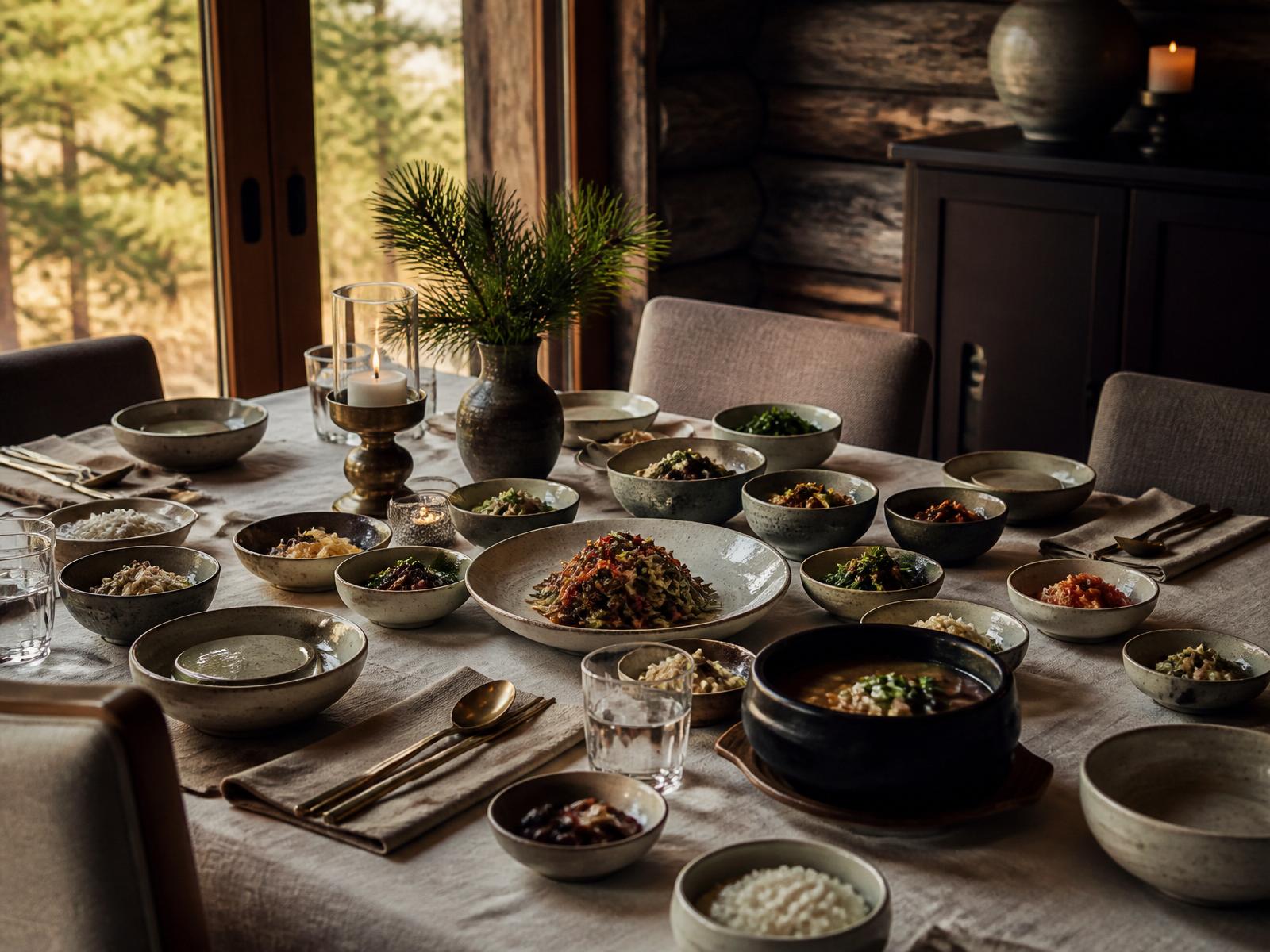 Korean private dining table set in a candlelit cabin