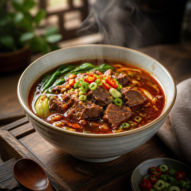 Steam rising from spicy beef soup