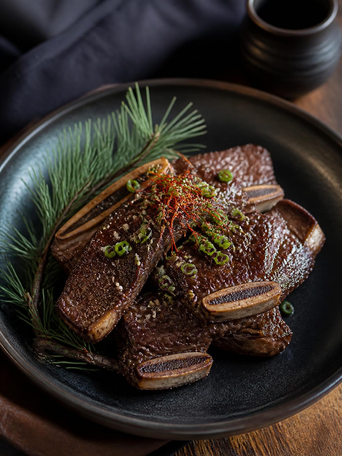 Korean short rib on a dark ceramic plate with pine garnish